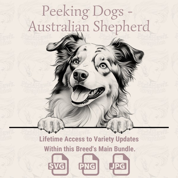 Peeking Dogs Australian Shepherd -  | SVG | PNG | JPG |  Transparent + White Background - Planner, Invitations, Stickers, Print on Demand