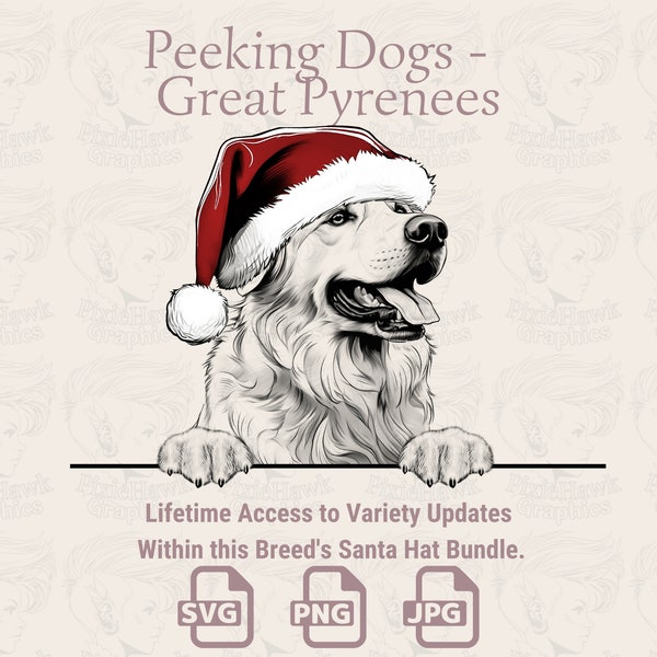 Peeking Dogs Great Pyrenees Santa Hat -  | SVG | PNG | JPG |  Many Variations - Planner, Invitations, Stickers, Print on Demand