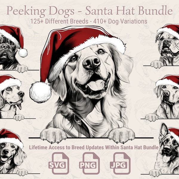 Lot de bonnets de Noel Peeking Dogs | SVG | PNG | JPG | Plus de 410 variantes de chiens, fond transparent - décorations de Noël, autocollants, impression à la demande