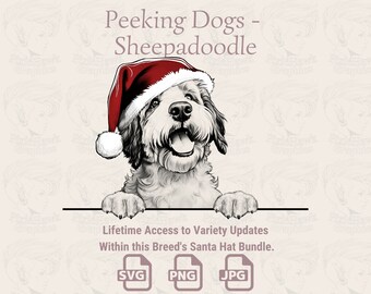 Sheepadoodle Santa Hat Peeking Dogs: SVG PNG JPG (Digital Files)