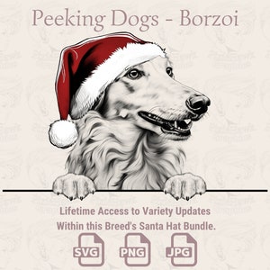 Peeking Dogs Barzoï Santa Hat - | SVG | PNG | JPG | De nombreuses variantes - planificateur, invitations, autocollants, impression à la demande