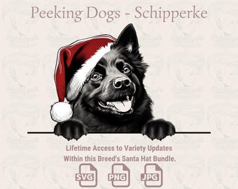 Schipperke Santa Hat Peeking Dog - Christmas SVG PNG JPG