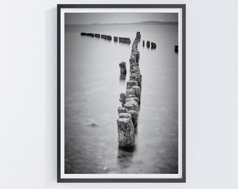 Ostsee, Meer und Buhnen, Sofort Download, Schwarz Weiß Fotografie, Wanddekoration, moderne Wandkunst, Reise Poster, Kunstdruck, Leinwand