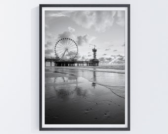 Scheveningen, Netherlands, Ferris Wheel, The Hague, Instant Download, Black and White Photography, Travel Poster, Art Print, Modern Wall Art