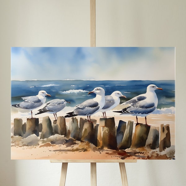 Printable Beach Landscape Seagulls Watercolor Birds Seascape Nautical Coastal Ocean Unique Wall Art Print - Instant Download