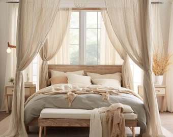Lace Bed Canopy Linen Curtains, Linen Canopy Drape, Linen Bed Curtains, Stylish 4 Poster Bed Canopy, Customizable Canopy, Housewarming Gift
