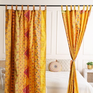 Yellow Patchwork Curtains 2 Panel Curtain Set  Handmade Vintage Silk Sari Fabric Panel Drapes For Door, Window, Living Room Home Decor.