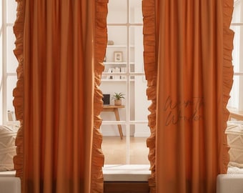 Cotton Ruffle Curtains - Farmhouse Cottage Style, Light Filtering Drapes (Set of 2)