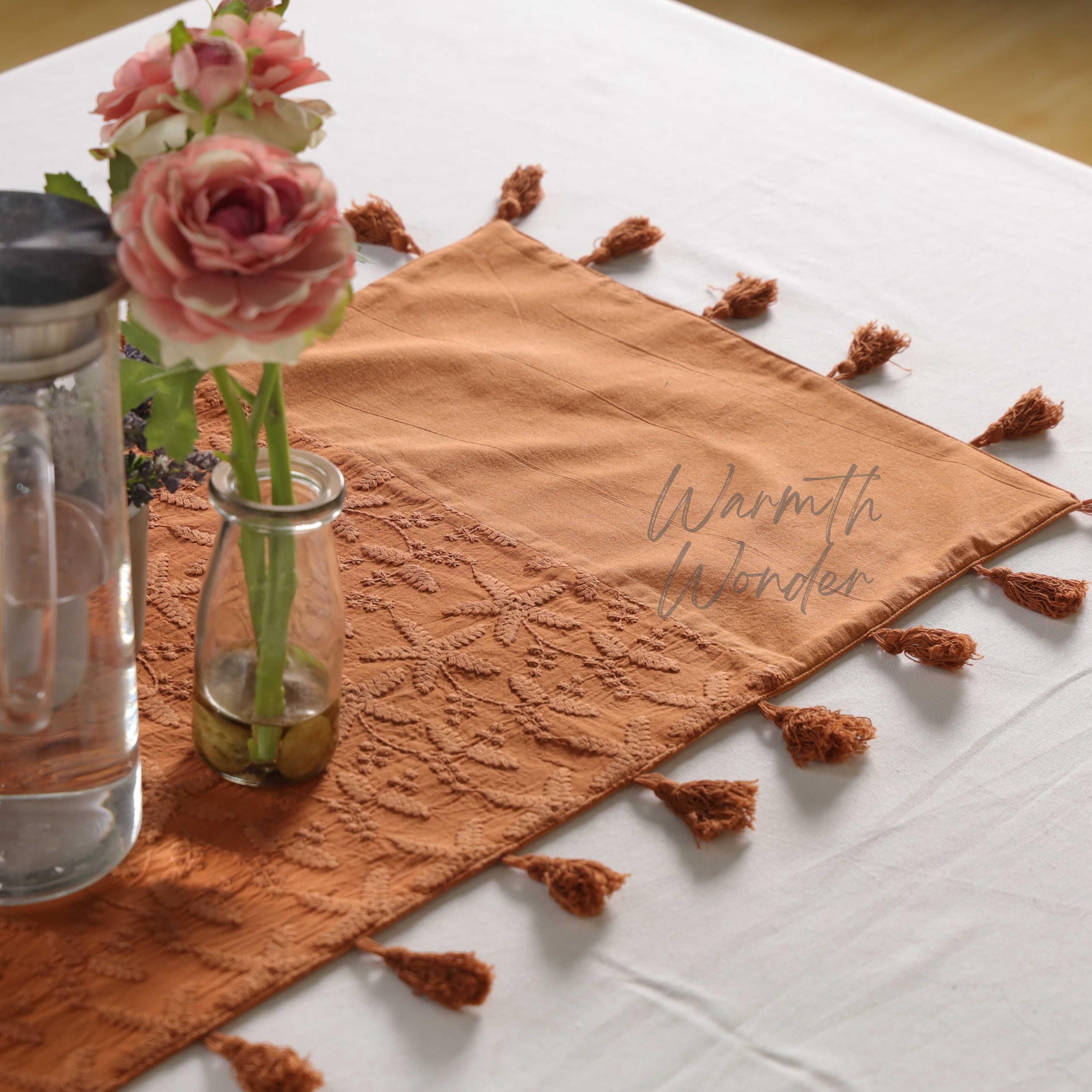 Rust Orange Embroidered Table Runner Tassel Table Runner Bohemian…