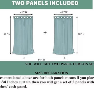 May include: Diagram of two teal curtain panels, each 42 inches wide and 63 inches long. The combined width is 84 inches. Text indicates a two-panel curtain set. The text also states that the curtain sizes mentioned are for both panels.