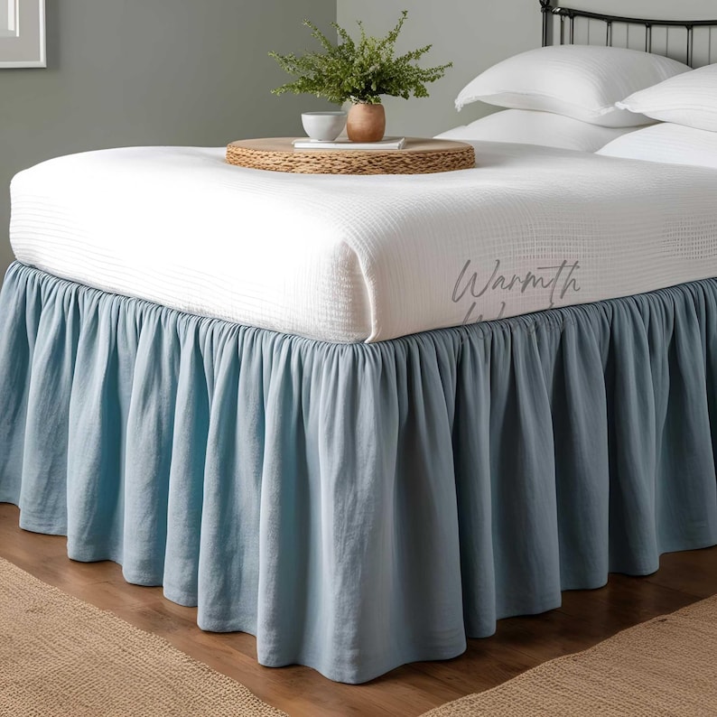 Handmade Cotton Ruffle Bed Skirt: Powder Blue Farmhouse Bedding - Etsy