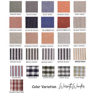May include: Color variation chart showing different striped and checkered patterns in various colors, including green, black, blue, orange, grey, maroon, and beige. The chart is labeled "Color Variation Warmth Wonder".