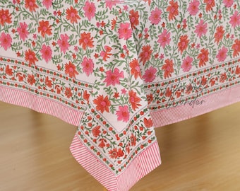 Rajasthani Block Print Tablecloth – Handmade Cotton Table Cover, Bohemian Floral Dining Linen Red Pink Eco Friendly Dining Decor