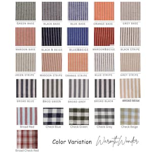 May include: A color chart showcasing various fabric patterns and colors. The chart includes striped and checkered designs in shades like green, blue, orange, and beige. Text labels identify each color variation, with the words "Color Variation" and "Warmth Wonder" also present.