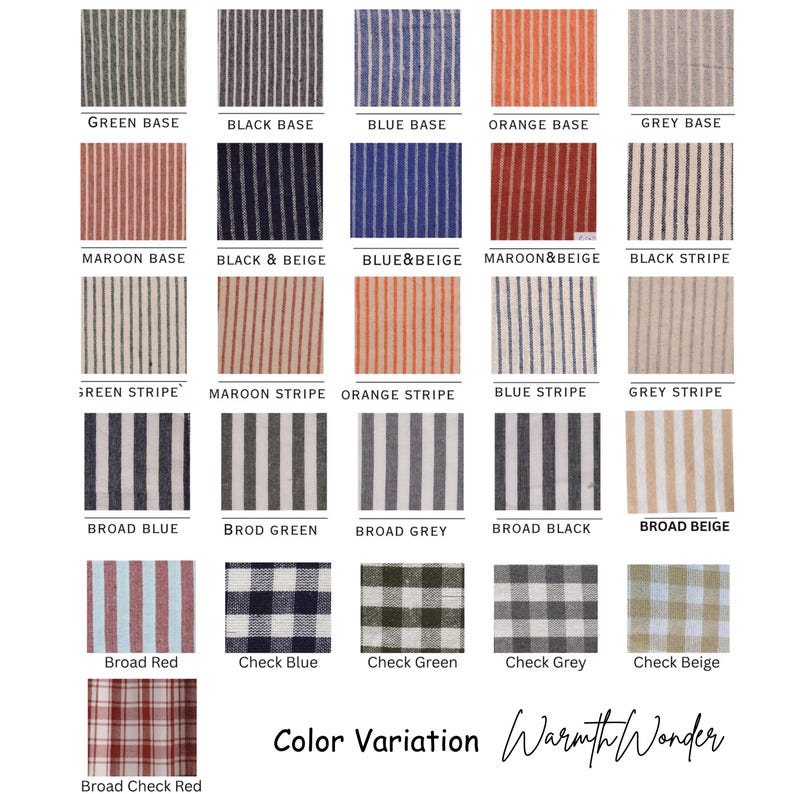 May include: A color chart showcasing various fabric patterns and colors. The chart includes striped and checkered designs in shades like green, blue, orange, and beige. Text labels identify each color variation, with the words "Color Variation" and "Warmth Wonder" also present.