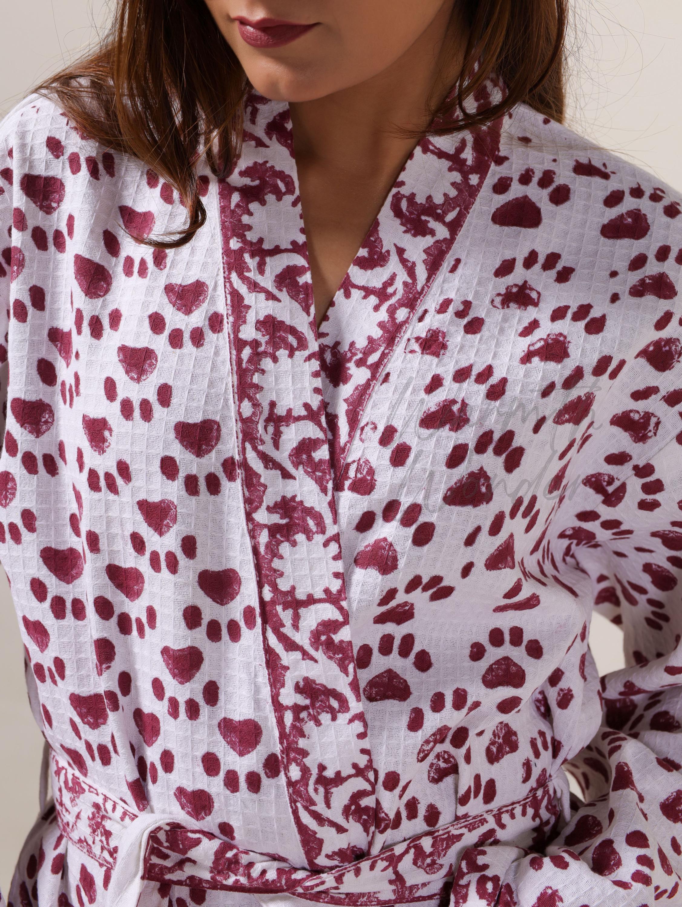 Maroon Floral Cotton Kimono Robe: Hand Block Print Boho Bathrobe