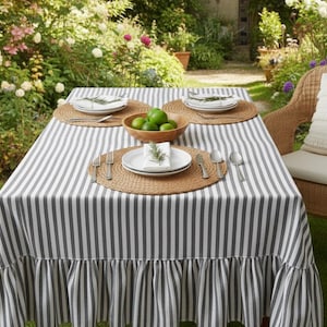 Striped Ruffled Linen Tablecloth | Boho Farmhouse Table Cover | Rustic Dining Table Linen | Custom Size Tablecloth | Cottagecore Decor