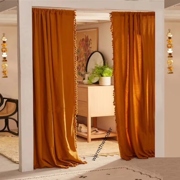 Rust Orange Cotton Curtains Bohemian Curtains 2 Panel Set for Window/ Door Rod Pocket Curtain Drapery With Tassels for Kitchen Home Decor