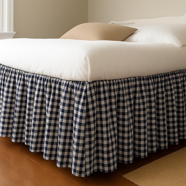 Linnen geruite bedrok | Boerderij landelijk beddengoed Ruffle bedrok | Cottagecore bedrokken met gingang-decor slaapkamerdecoratie