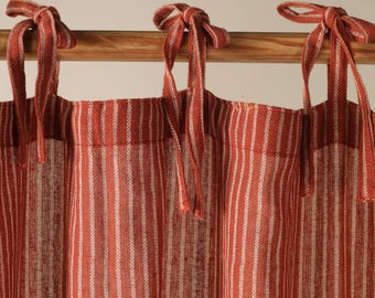 Maroon Striped Gauze Linen Curtain Panels - Boho Living Room Decor - Set of 2