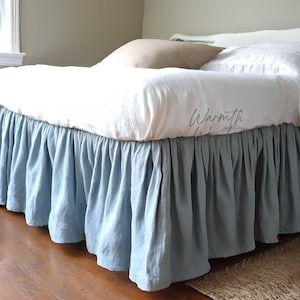 Linen Dust Ruffle Bed Skirt, Stone Washed Queen King Twin Full Double Natural Organic European Flax Bedskirt with extra large pocket