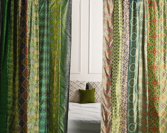 Rideau vintage en patchwork de sari en soie : rideaux de porte de fenêtre bohèmes, décoration indienne recyclée