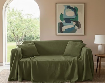 Handmade Cotton Sofa Cover: Sage Green Boho Throw Blanket