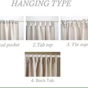 May include: Image showing four different curtain hanging styles: rod pocket, tab top, tie top, and back tab. The curtains are a neutral color, and the text "HANGING TYPE" is at the top.