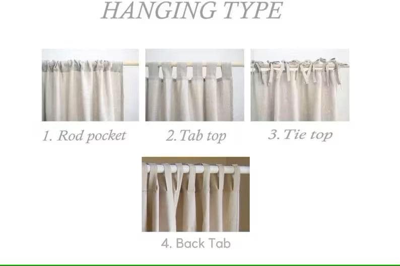 May include: Image showing four different curtain hanging styles: rod pocket, tab top, tie top, and back tab. The curtains are a neutral color, and the text "HANGING TYPE" is at the top.