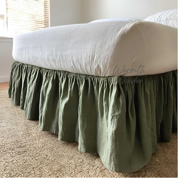 Stripe Linen Ruffled Bed Skirt: Stone Washed Organic Flax