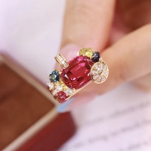High end natural rubellite red tourmaline ring in 18k rose gold women/Luxury art deco tourmaline engagement ring/Statement red tourmaline