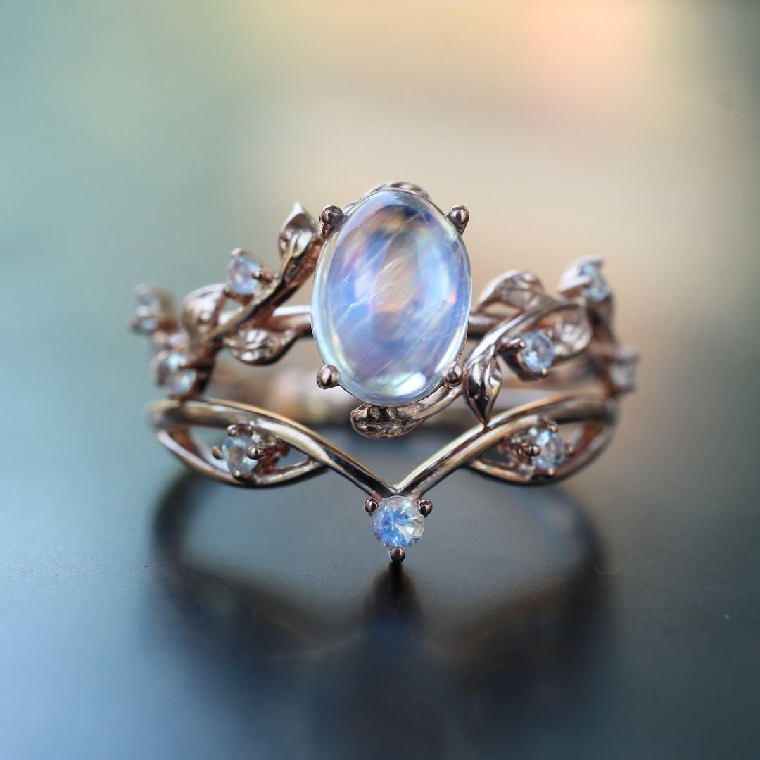 Unique Round Moonstone Ring Set, Twig 18k Rose Gold Moonstone Bridal