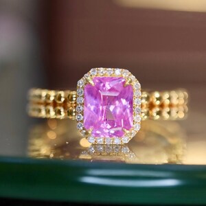 18k solid gold natural pink sapphire ring/Dainty elegant Padparadscha ring/Diamond halo sapphire ring/Handmade stunning pink sapphire ring