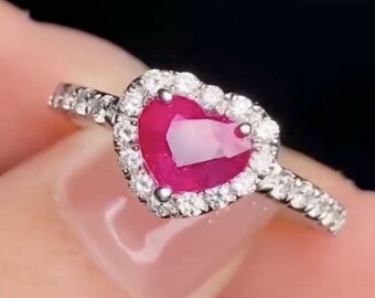 18k white gold genuine heart ruby ring/Dainty halo ruby diamond ring/Modern handmade real ruby ring/Unique heart ruby engagement ring