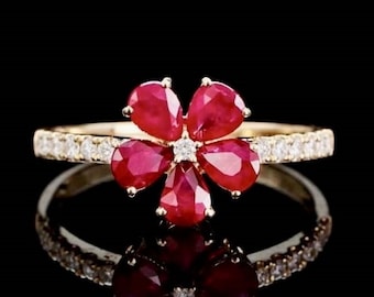 18k solid gold floral natural ruby ring/trendy flower diamond ruby ring/Modern handmade ruby ring/unique art deco ruby engagement ring