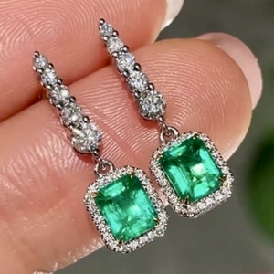 18k white gold natural emerald earrings women/big art deco emerald studs/Custom handmade fine gold emerald earrings women/diamond emerald