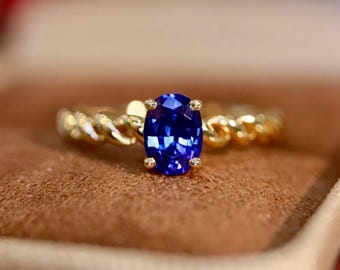 18k gold royal blue sapphire ring/Genuine solitaire blue sapphire ring/Skinny stackable thin sapphire ring/Oval birthstone sapphire ring