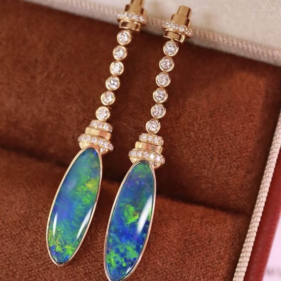 18k Yellow Gold Natural Australian Opal Drop/unique Real Long - Main Image