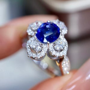 Natural oval cut royal sapphire ring 18k white gold/Statement diamond cluster blue sapphire ring/High end fine royal blue sapphire ringwomen