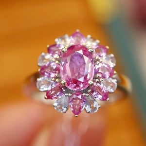 18k white gold natural pink sapphire ring\Multi stone Padparadscha sapphire ring\Fine pink sapphire halo ring\Custom handmade sapphire ring
