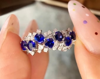 Natural royal blue sapphire ring 18k white gold/Art deco diamond cluster blue sapphire band ring/High end fine royal blue sapphire ringwomen