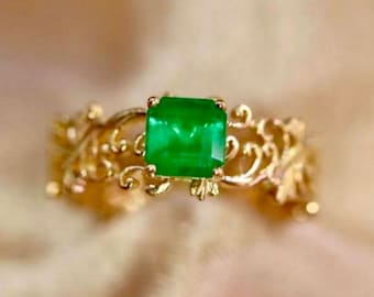 Anillo de esmeralda natural en oro rosa de 18 quilates/Anillo de esmeralda vintage/Anillo de esmeralda verde intenso/Anillo de esmeralda moderno hecho a mano/Anillo de esmeralda vintage único