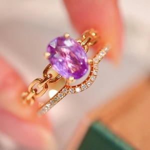 Handcraft lavender sapphire ring 18k rose gold/Natural light purple sapphire engagement ring women/Delicate chain band diamond sapphire ring