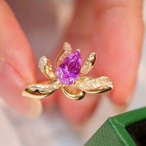 Flower purple sapphire ring 18k yellow gold/Genuine pear cut purple sapphire engagement ring/Floral purple sapphire ring women personalized