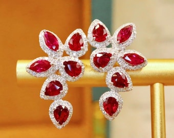 Unique genuine pigeon blood red ruby stud\Art deco ruby studs/18k solid white gold unique ruby earring/handmade jewelry for anniversary gift