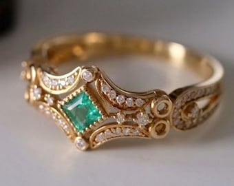 Vintage emerald ring in 18k rose gold/Victoria emerald engagement ring/Art Deco emerald ring/Handmade boho emerald ring/unique emerald ring
