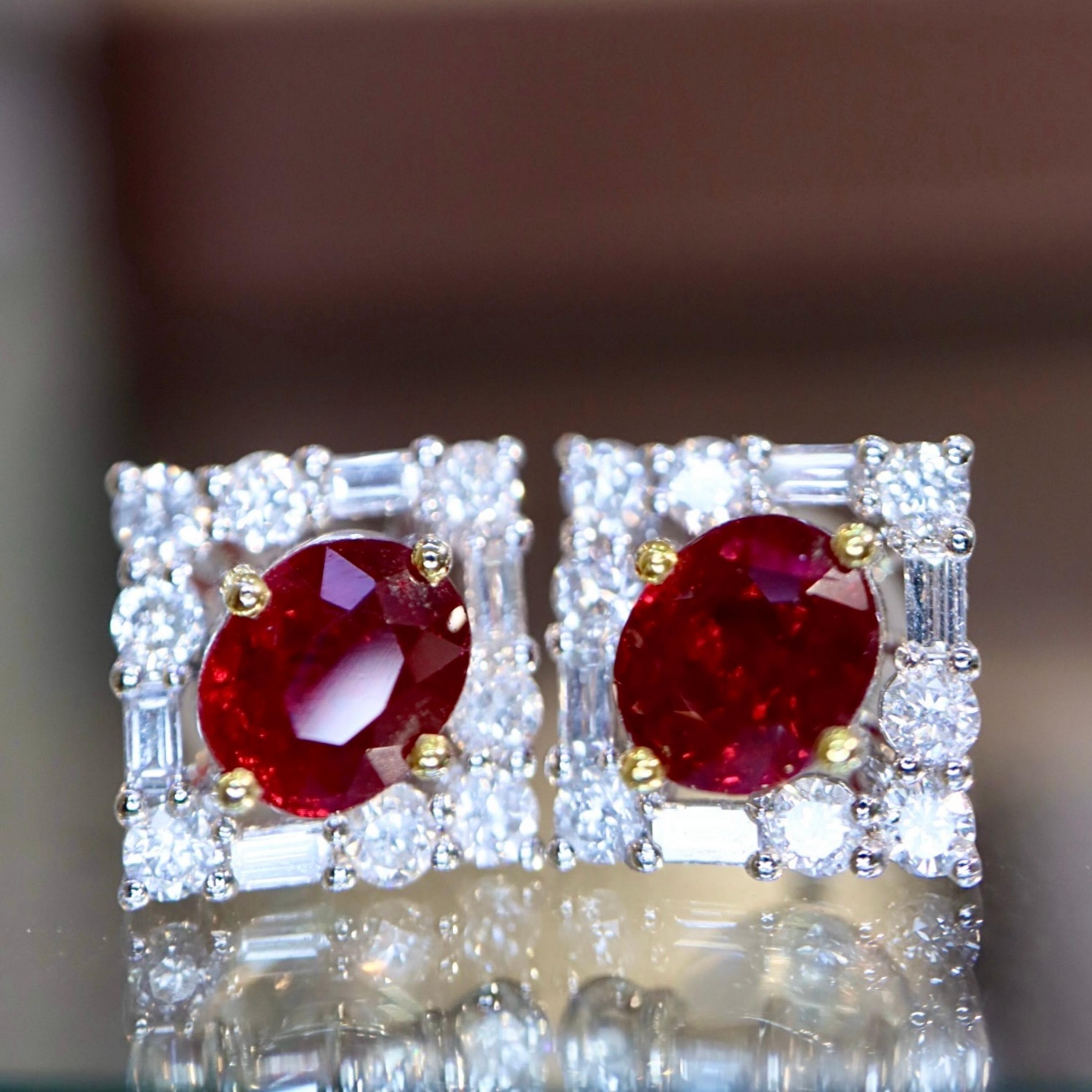 Dainty oval pigeon blood red ruby studs\18k white gold natural ruby earrings square/Diamond halo ruby stud women\Custom July birthstone gift