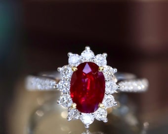 Anello in oro bianco 18 carati con rubino ovale rosso sangue di piccione/Anello da donna con rubino naturale non trattato/Anello con rubino a grappolo e diamanti/Anello da donna con vero rubino fatto a mano