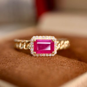 Natural pinkish red ruby promise ring/Vintage 18k yellow gold diamond halo ruby band/Dainty emerald cut ruby ring women/July birthstone ring