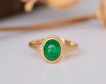 Genuine natural emerald ring 18k solid rose gold ring/Classic emerald cabochon engagement ring/Handmade real emerald ring women anniversary